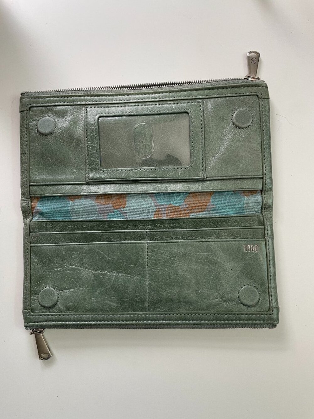 HOBO Lumen Bifold Wallet Sage Green Distressed Leather